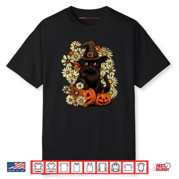 Witchy Black Cat with Flowers and Pumpkin Halloween Shirt