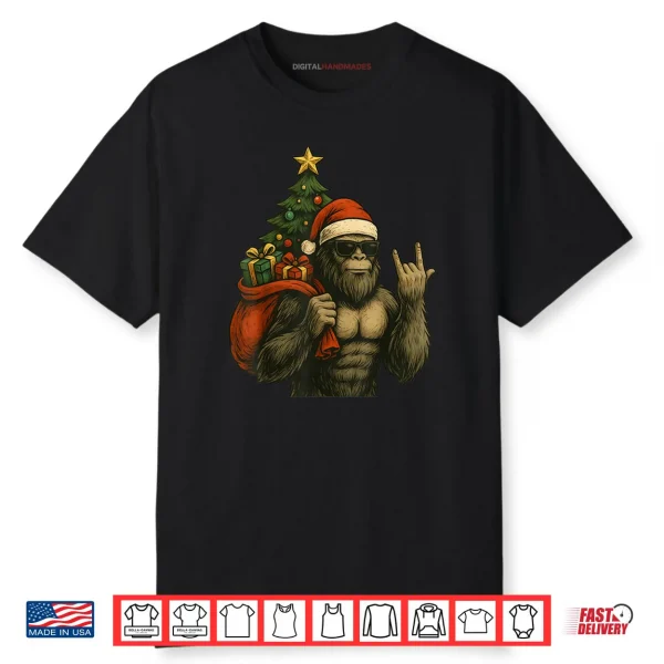 Bigfoot Santa Christmas Tree Rock On Funny Xmas Sasquatch Shirt