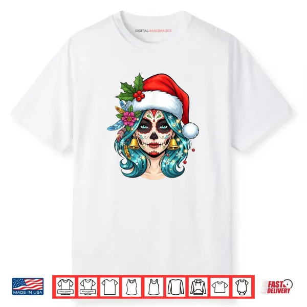 Christmas Sugar Skull Art Woman Santa Hat Festive Shirt