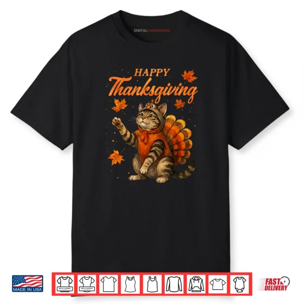 Cute Cat Turkey Happy Thanksgiving Fall Meow Cat Lover Shirt
