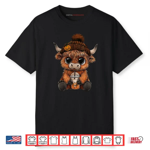 Cute Highland Cow Hat Pumpkin Drink Coffee Lover Halloween Shirt