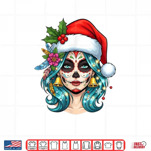 Design Christmas Sugar Skull Art Woman Santa Hat Festive Shirt