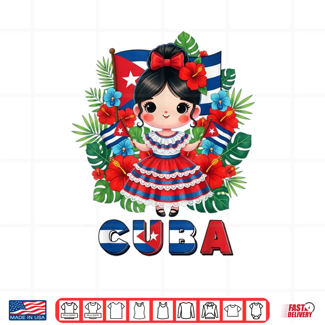 Cute Cuba Cuban Girl Traditional Dress Tropical Flowers Shirt Cute Cuba Cuban Girl Traditional Dress Tropical Flowers Shirt