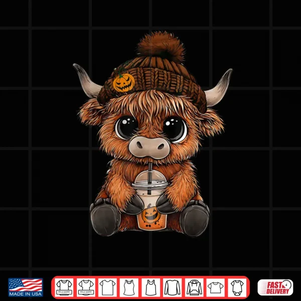 Design Cute Highland Cow Hat Pumpkin Drink Coffee Lover Halloween Shirt