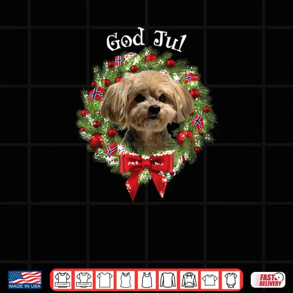 Design God Jul Norwegian Yorkie Poo Dog Christmas Wreath Shirt