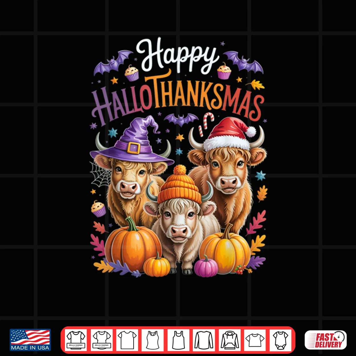 HalloThanksMas Halloween Thanksgiving Christmas Highland Cow Shirt HalloThanksMas Halloween Thanksgiving Christmas Highland Cow Shirt