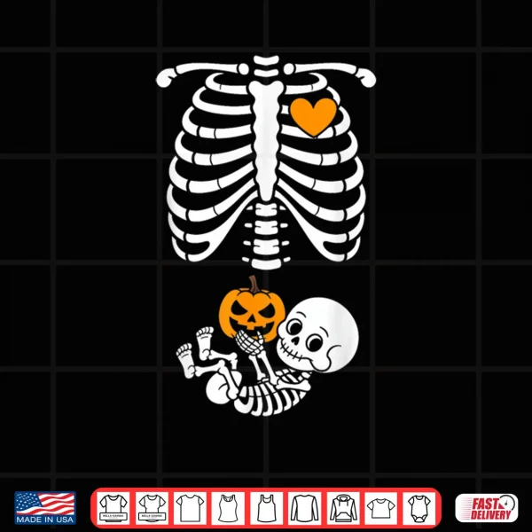 Design Halloween Skeleton Baby Rib Cage Maternity Pregnant Pumpkin Shirt