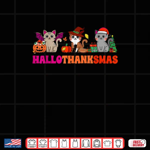 Design Halloween Thanksgiving Christmas Happy HalloThanksMas Cats Shirt