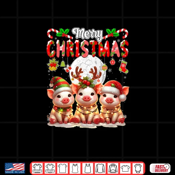 Design Merry Christmas Three Santa Reindeer Elf Pigs Colorful Shirt