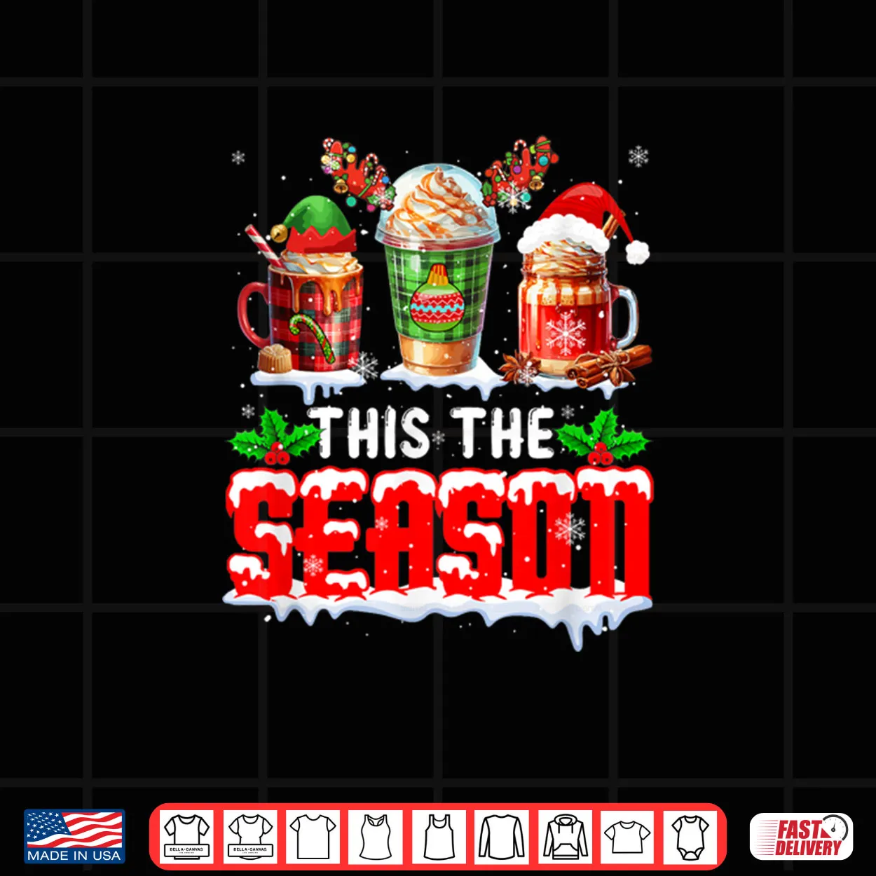 The Season Christmas Three Santa Reindeer Elf Coffee Cups Shirt The Season Christmas Three Santa Reindeer Elf Coffee Cups Shirt