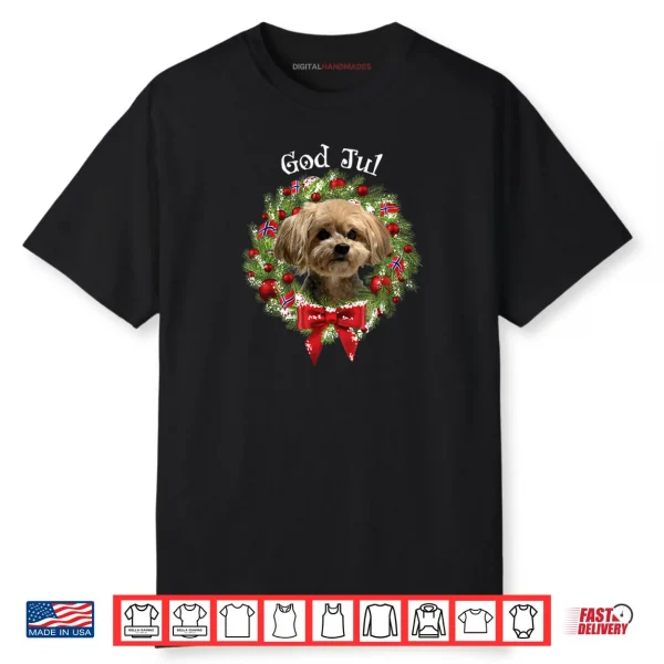 God Jul Norwegian Yorkie Poo Dog Christmas Wreath Shirt