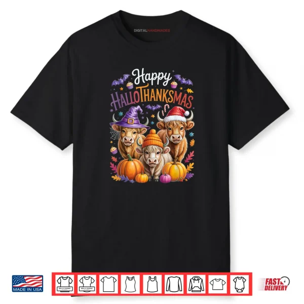 HalloThanksMas Halloween Thanksgiving Christmas Highland Cow Shirt