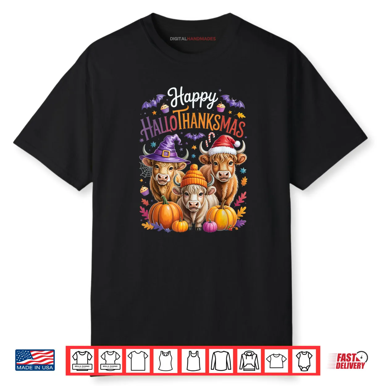 HalloThanksMas Halloween Thanksgiving Christmas Highland Cow Shirt HalloThanksMas Halloween Thanksgiving Christmas Highland Cow Shirt