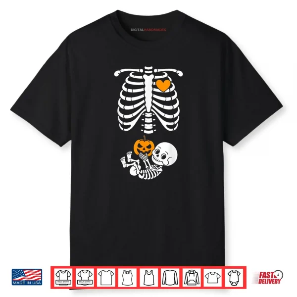 Halloween Skeleton Baby Rib Cage Maternity Pregnant Pumpkin Shirt