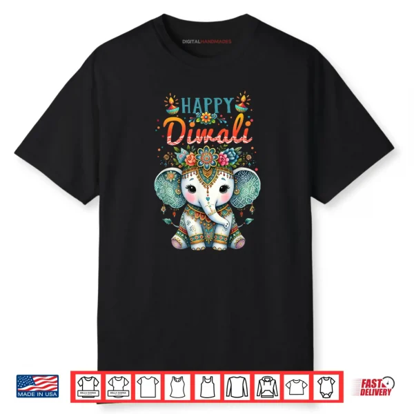 Happy Diwali 2025 Diya Rangoli Lamp Elephant Vintage Floral Shirt