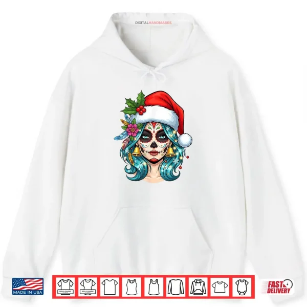 Hoodie Christmas Sugar Skull Art Woman Santa Hat Festive Shirt