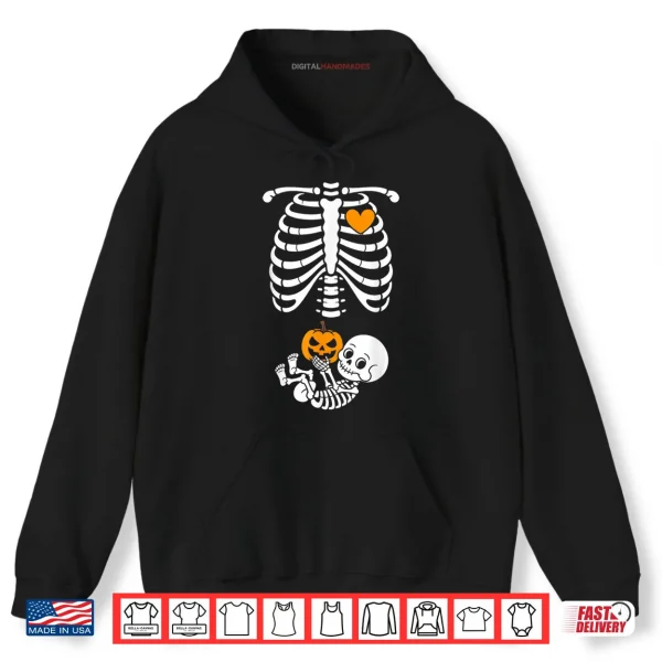 Hoodie Halloween Skeleton Baby Rib Cage Maternity Pregnant Pumpkin Shirt