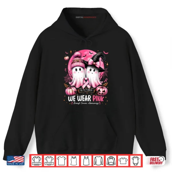 Hoodie In October We Wear Pink Ghost Witch Breast Cancer Awareness Shirt