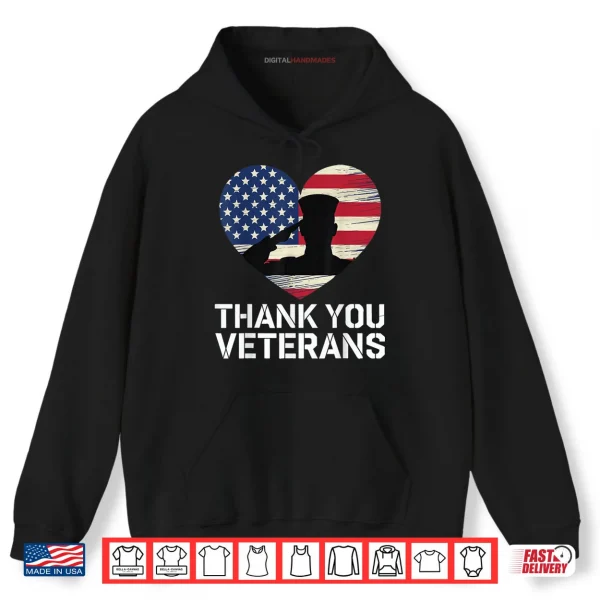 Hoodie Thank You Veterans Day American Flag Heart Patriotic Hero Shirt 1