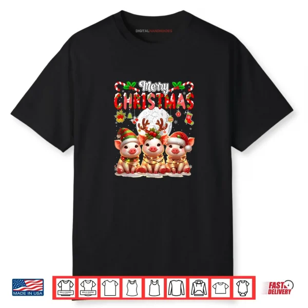Merry Christmas Three Santa Reindeer Elf Pigs Colorful Shirt