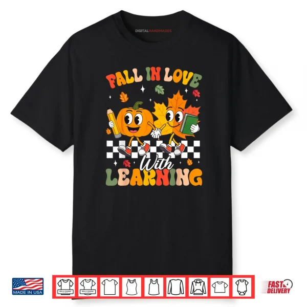 Retro Fall in Love with Learning Autumn Leaf Pumpkin Teacher Shirt