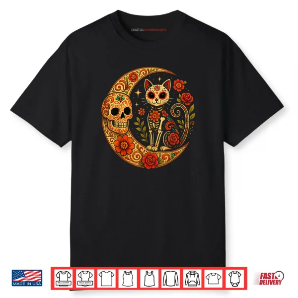 Sugar Skull Cat Moon Dia de Los Muertos Funny Halloween Cat Shirt