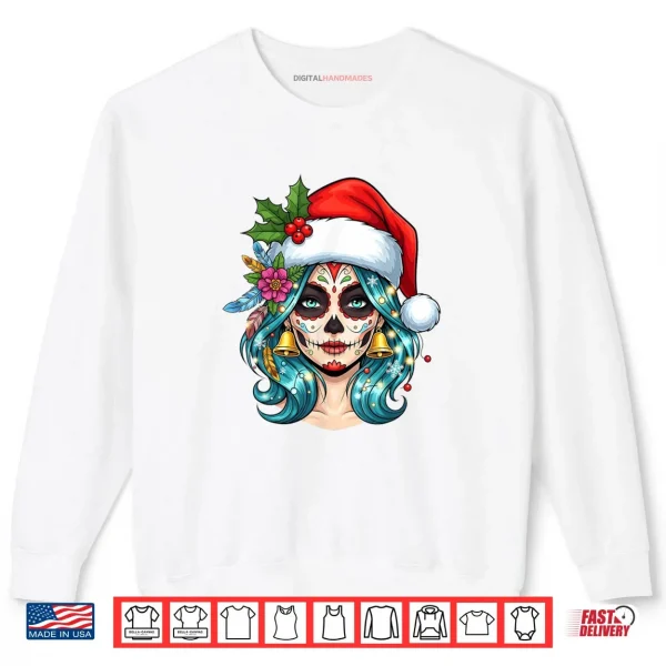 Sweatshirt Christmas Sugar Skull Art Woman Santa Hat Festive Shirt