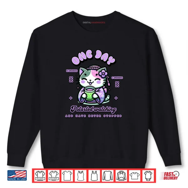 Sweatshirt Cute Cat Watching K Dramas and C Dramas Shirt