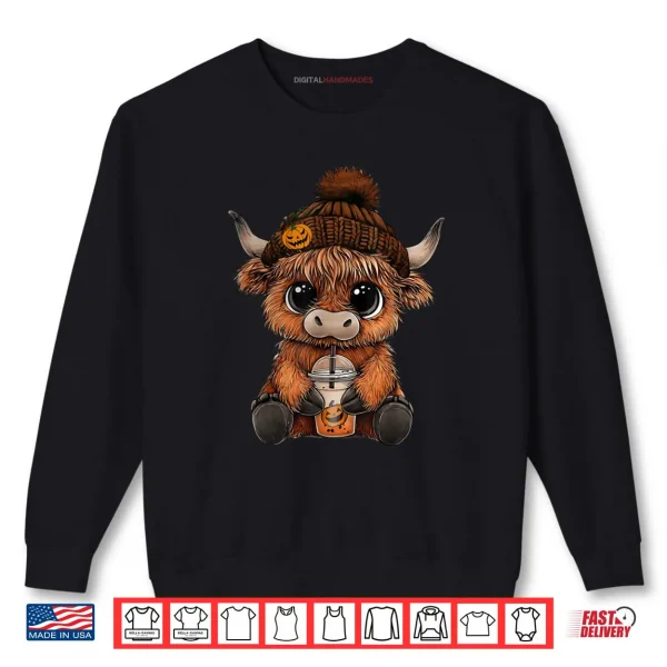 Sweatshirt Cute Highland Cow Hat Pumpkin Drink Coffee Lover Halloween Shirt