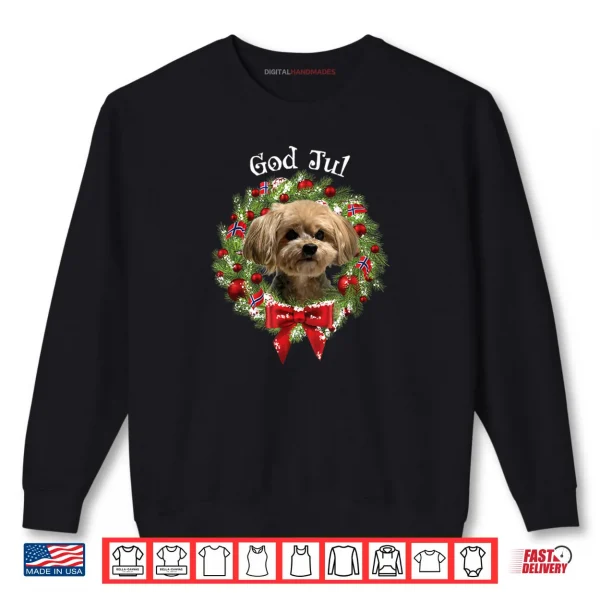 Sweatshirt God Jul Norwegian Yorkie Poo Dog Christmas Wreath Shirt
