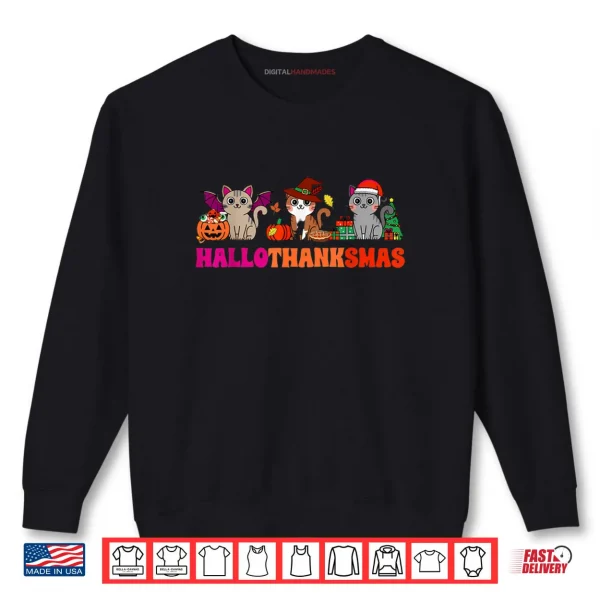 Sweatshirt Halloween Thanksgiving Christmas Happy HalloThanksMas Cats Shirt
