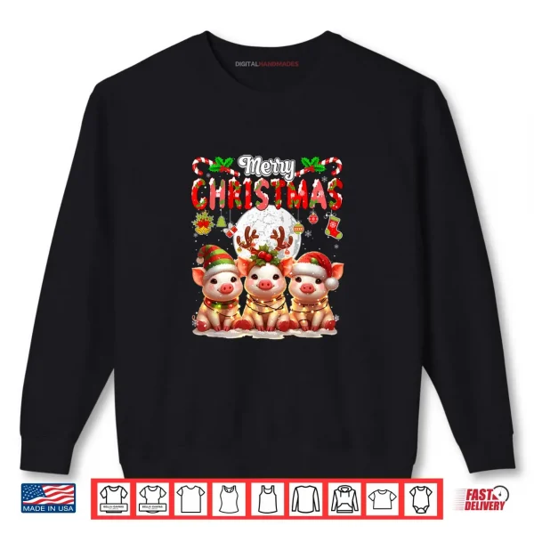 Sweatshirt Merry Christmas Three Santa Reindeer Elf Pigs Colorful Shirt