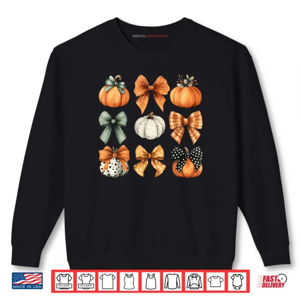 Sweatshirt Thanksgiving Autumn Fall Leaves Coquette Bow Pumpkin Season Shirt