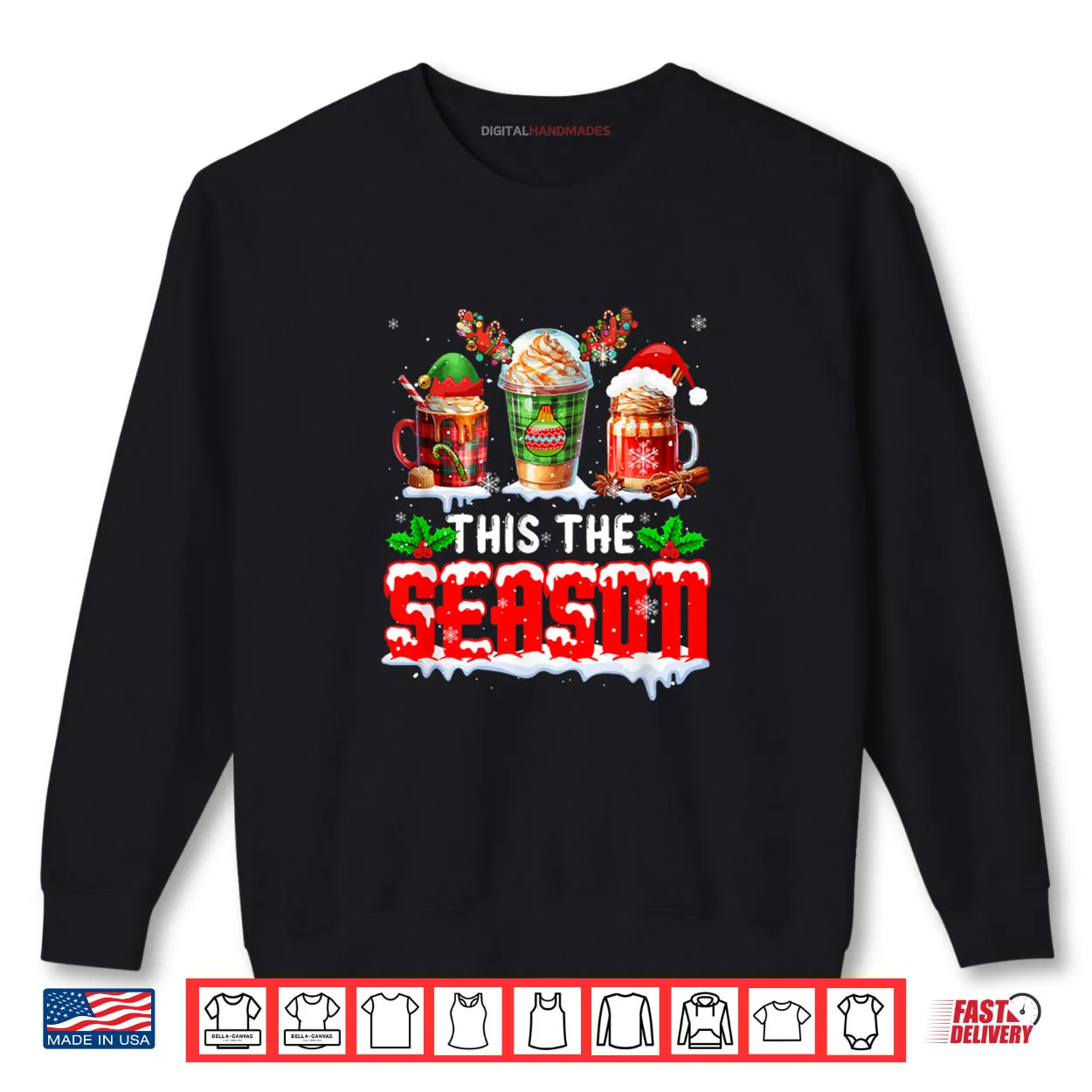 The Season Christmas Three Santa Reindeer Elf Coffee Cups Shirt The Season Christmas Three Santa Reindeer Elf Coffee Cups Shirt