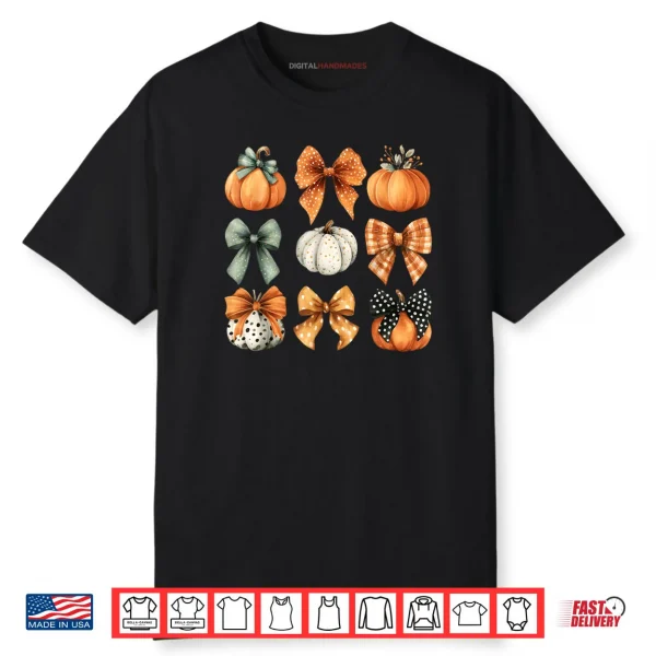 Thanksgiving Autumn Fall Leaves Coquette Bow Pumpkin Season Shirt