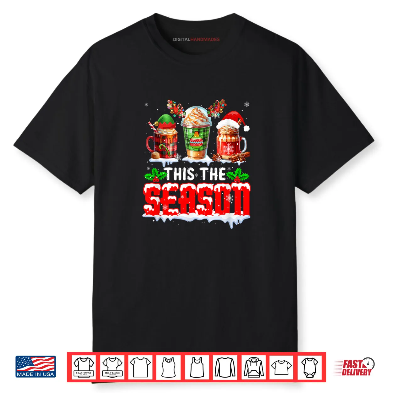 The Season Christmas Three Santa Reindeer Elf Coffee Cups Shirt The Season Christmas Three Santa Reindeer Elf Coffee Cups Shirt