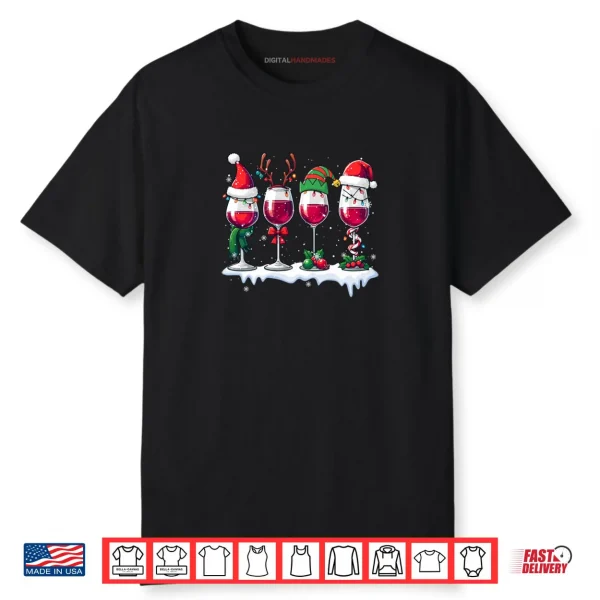 Three Santa Elf Reindeer Wine Glasses Christmas Drinker Shirt