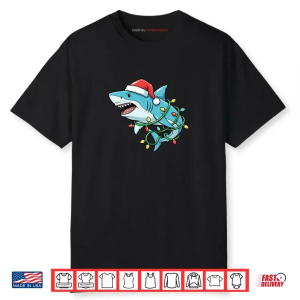 Christmas Shark Santa Hat Wrapped in Lights Funny Xmas Shark Shirt