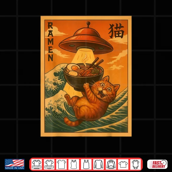 Design Cat Ramen UFO Funny Japanese Anime Shirt