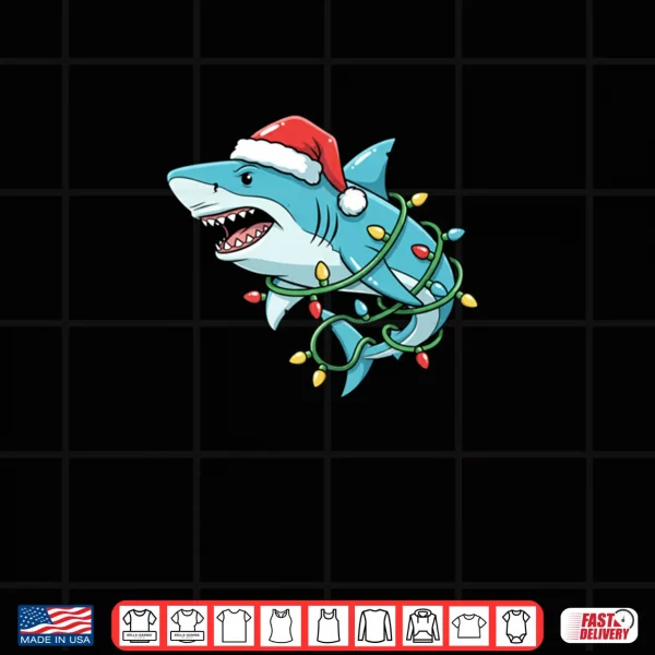Design Christmas Shark Santa Hat Wrapped in Lights Funny Xmas Shark Shirt