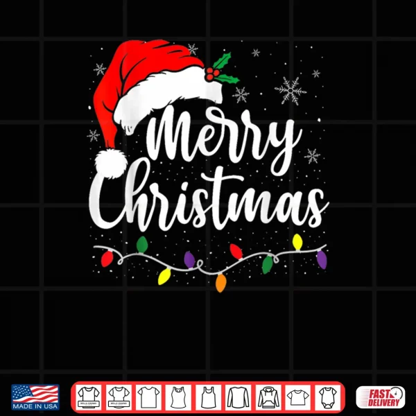 Design Merry Christmas Lights Red Santa Hat Xmas Family Shirt