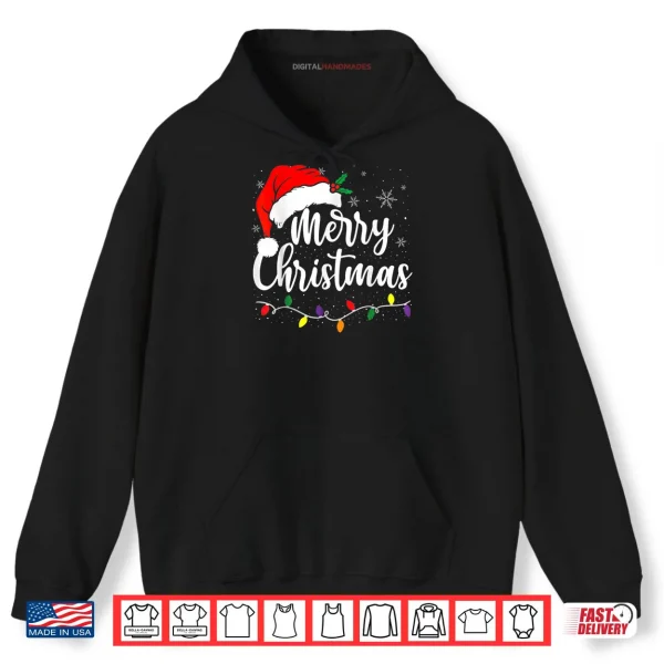 Hoodie Merry Christmas Lights Red Santa Hat Xmas Family Shirt