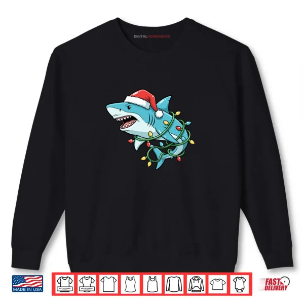 Sweatshirt Christmas Shark Santa Hat Wrapped in Lights Funny Xmas Shark Shirt