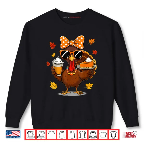 Sweatshirt Turkey Drinking Coffee Bow Thanksgiving Day Shirt
