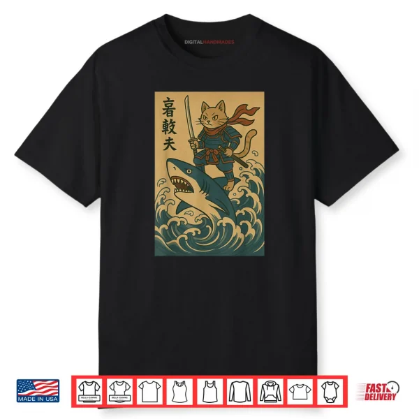 Cat Samurai Riding Shark Great Wave Japanese Anime Shirt