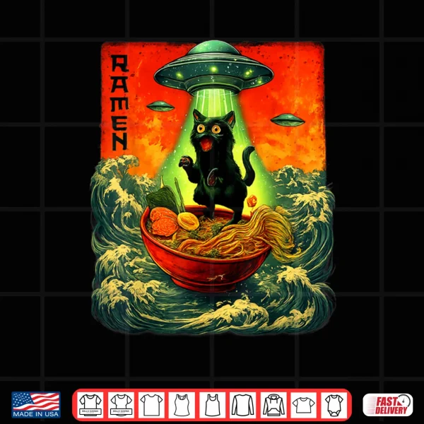 Design Alien Ramen Cat UFO Japanese Retro Art Shirt