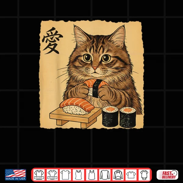 Design Cat Eating Sushi Japanese Art Vintage Style Cat Shirt