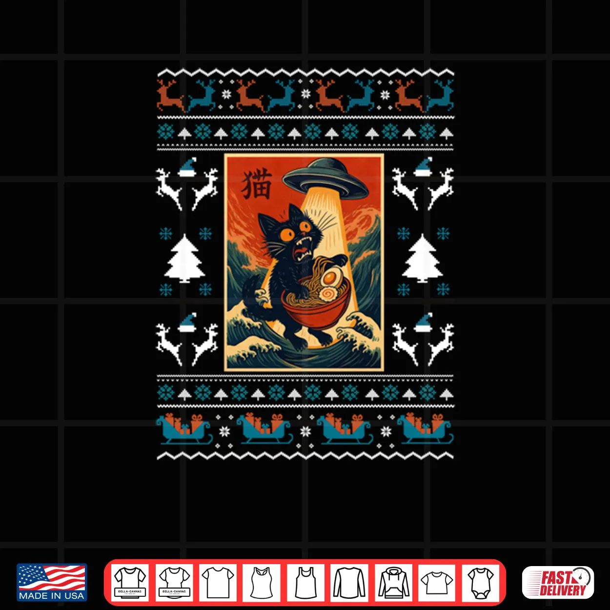 Cat Ramen UFO Funny Japanese Ugly Xmas Shirt Cat Ramen UFO Funny Japanese Ugly Xmas Shirt