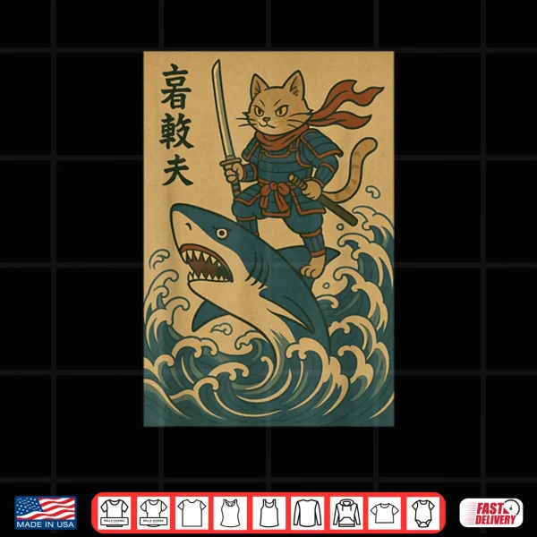 Design Cat Samurai Riding Shark Great Wave Japanese Anime Shirt