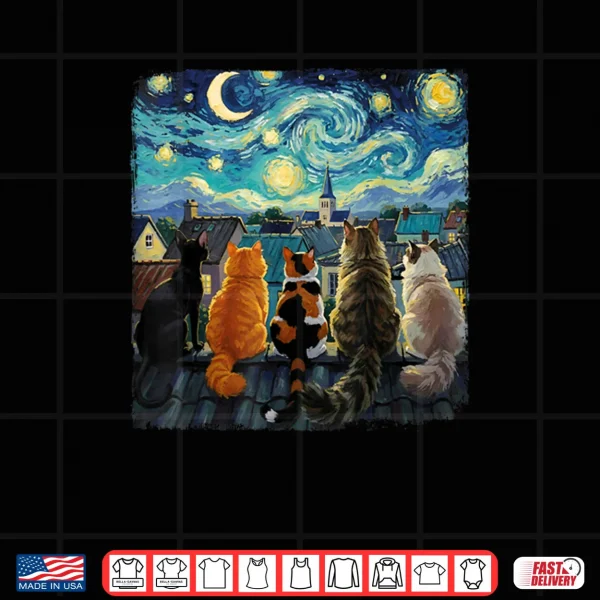 Design Cat Starry Night Van Gogh Cats Rooftop Scene Feline Shirt